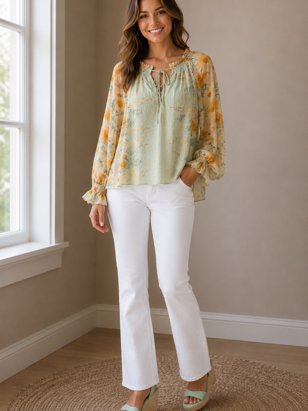 DR2 Pink Floral Smocked Button-Front Blouse
